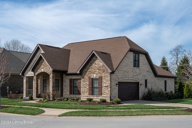 french provincial home with a garage and a front yard