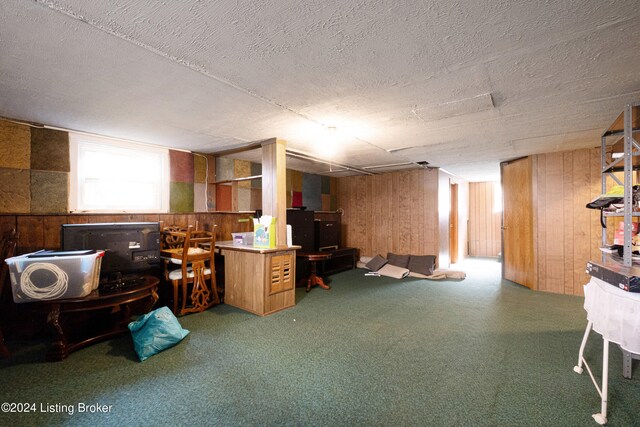 basement featuring wooden walls, carpet, and a textured ceiling