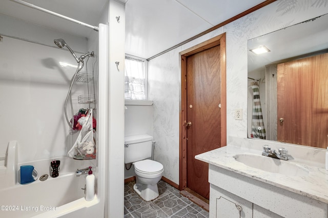 full bathroom featuring tile patterned flooring, vanity, toilet, and shower / bath combination with curtain