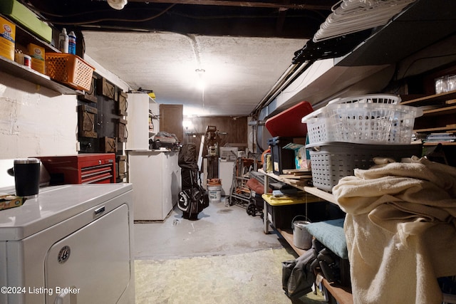 basement with fridge