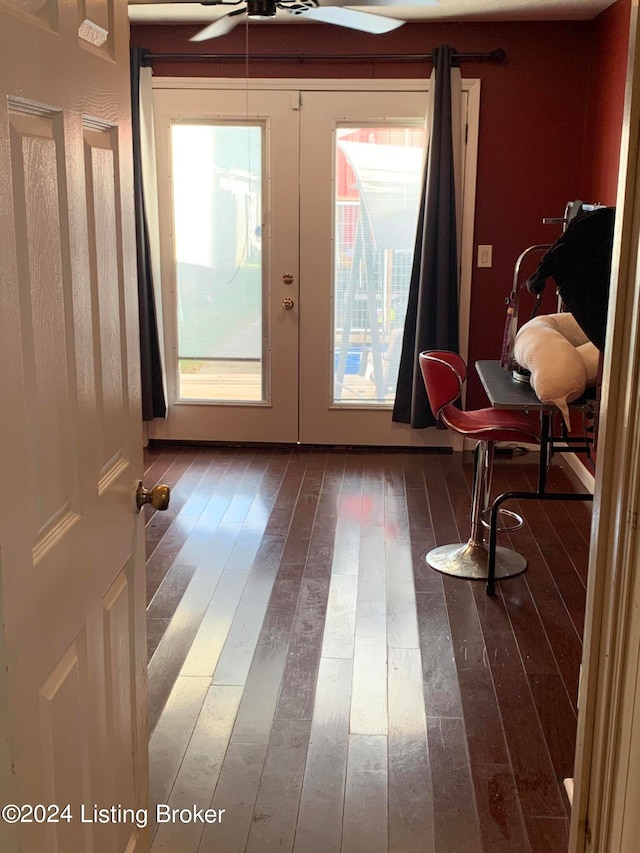 doorway to outside featuring french doors, dark hardwood / wood-style flooring, and ceiling fan