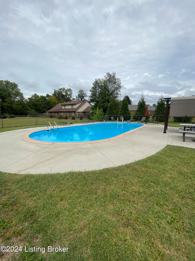 view of swimming pool featuring a patio and a lawn