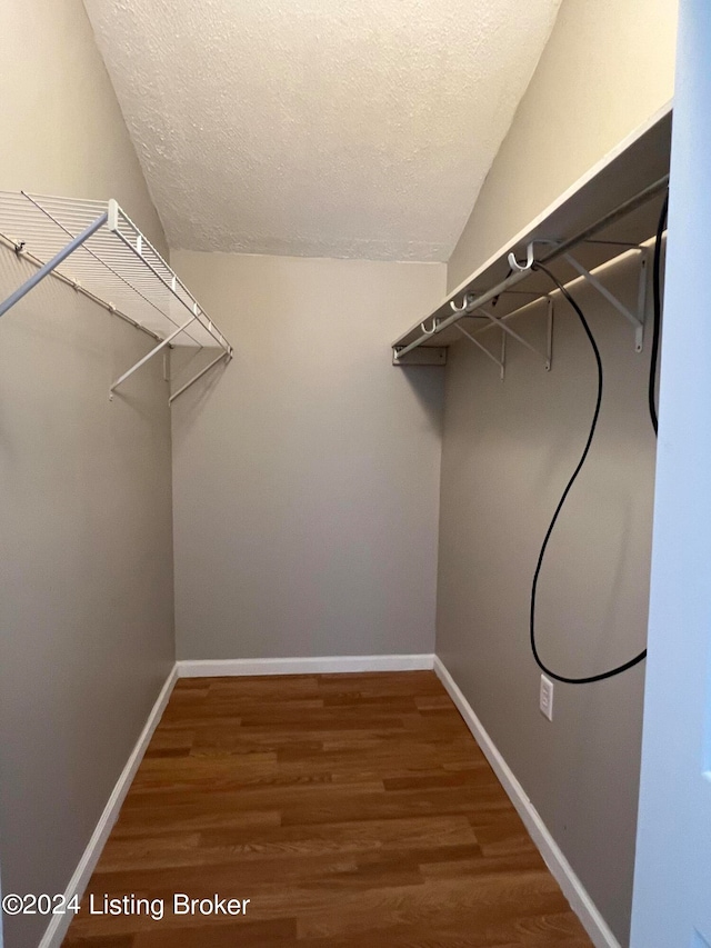 walk in closet with lofted ceiling and dark hardwood / wood-style flooring