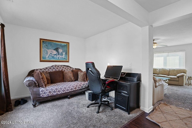 home office with ceiling fan and hardwood / wood-style flooring