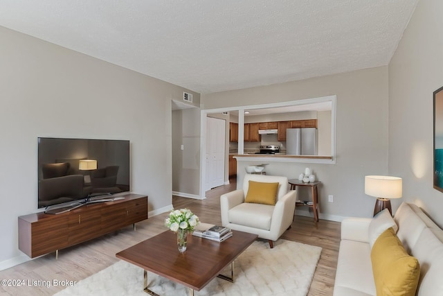 living room with a textured ceiling and light hardwood / wood-style floors