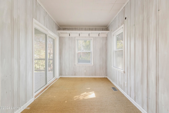 carpeted empty room featuring wooden walls and ornamental molding