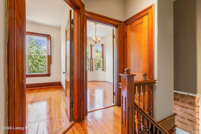 hall featuring light hardwood / wood-style floors, a notable chandelier, and a wealth of natural light