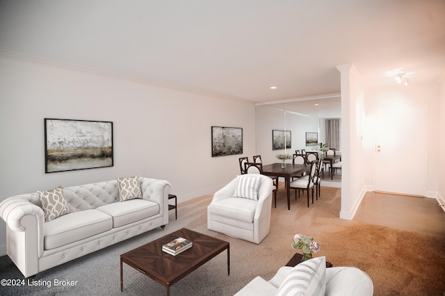 living room featuring crown molding and carpet