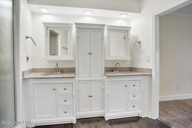 bathroom with vanity and hardwood / wood-style flooring