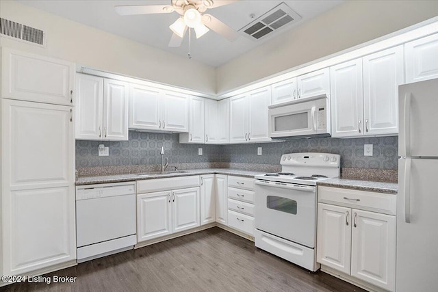 kitchen featuring white cabinets, white appliances, ceiling fan, hardwood / wood-style flooring, and sink