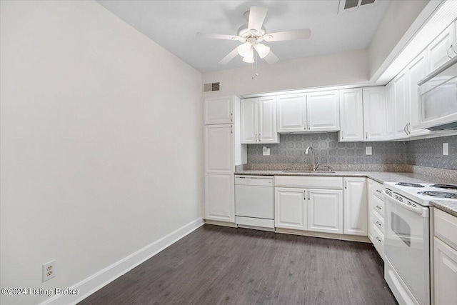 kitchen featuring dark hardwood / wood-style floors, white cabinets, white appliances, backsplash, and ceiling fan