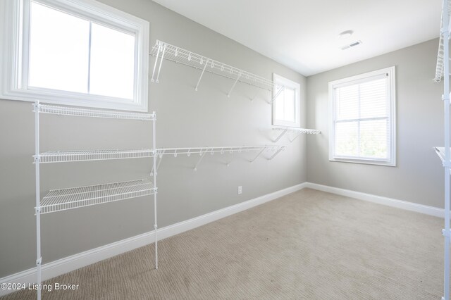 walk in closet featuring light colored carpet