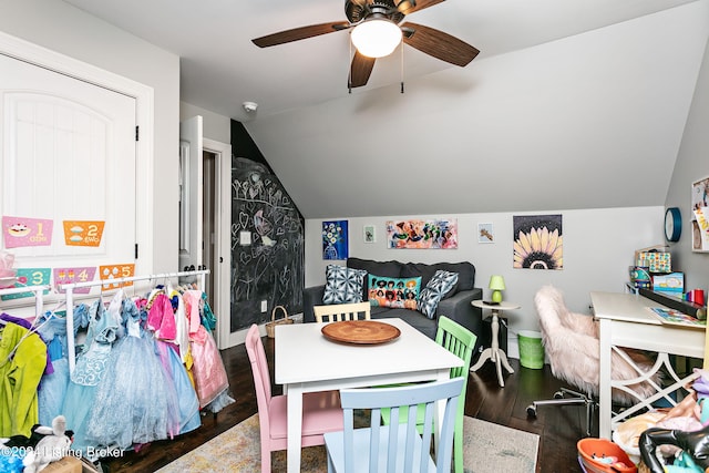 interior space featuring lofted ceiling, dark hardwood / wood-style floors, and ceiling fan