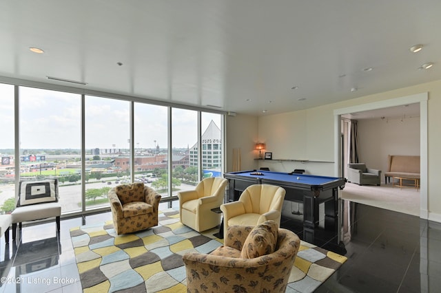 playroom featuring expansive windows, tile patterned floors, billiards, a view of city, and recessed lighting