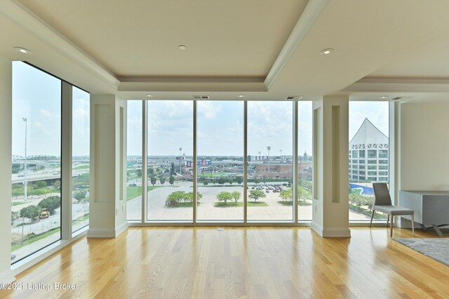 interior space with light hardwood / wood-style floors, a tray ceiling, and floor to ceiling windows