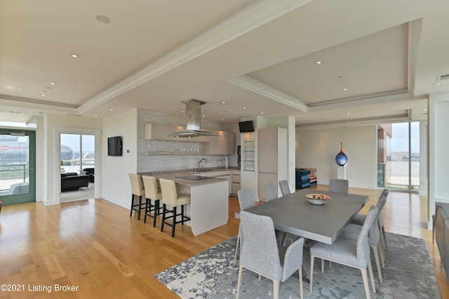 dining space featuring sink, a tray ceiling, crown molding, and light hardwood / wood-style floors