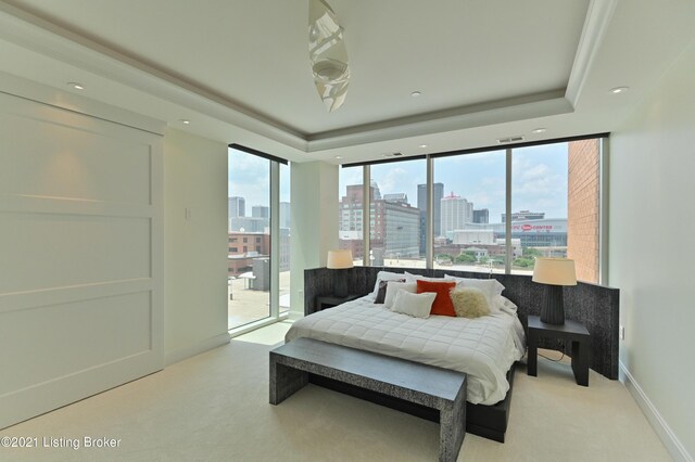 bedroom with a raised ceiling and light colored carpet