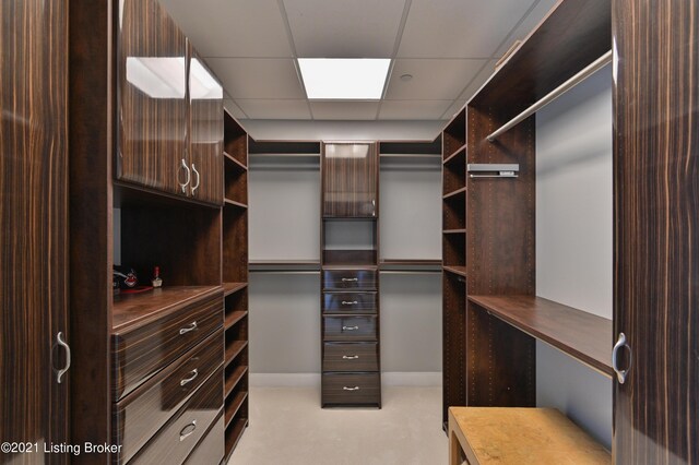 walk in closet with a drop ceiling and light colored carpet