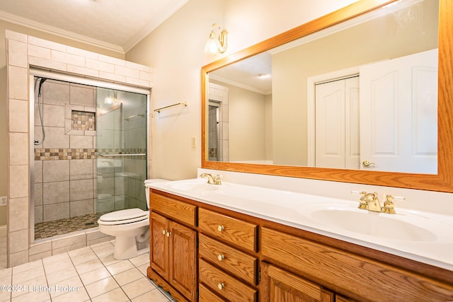 bathroom featuring vanity, an enclosed shower, ornamental molding, toilet, and tile patterned floors