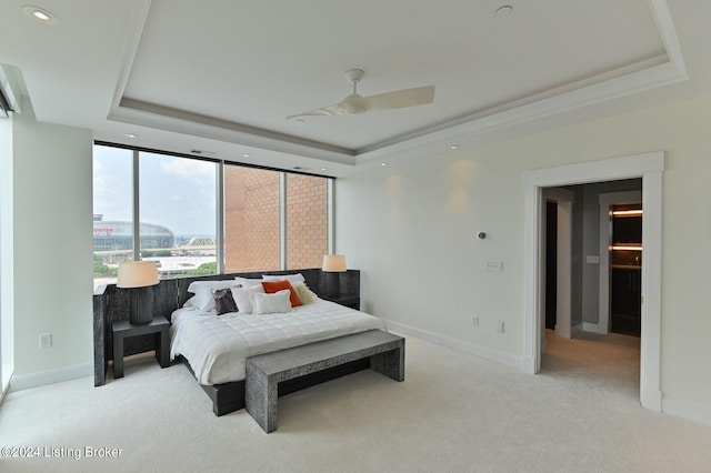 carpeted bedroom featuring a tray ceiling and ceiling fan