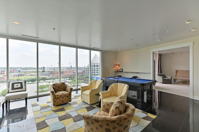 222 E Witherspoon St Unit 703-704, Louisville, KY 40202 - recreation room with expansive windows, recessed lighting, a view of city, tile patterned floors, and pool table
