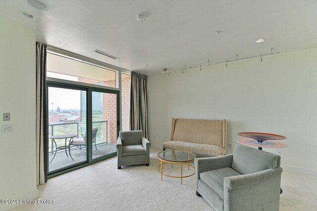 sitting room featuring light colored carpet, a wall of windows, and rail lighting