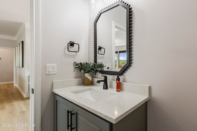 bathroom with crown molding, vanity, and hardwood / wood-style floors