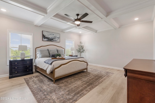 bedroom with coffered ceiling, light hardwood / wood-style floors, beam ceiling, and ceiling fan