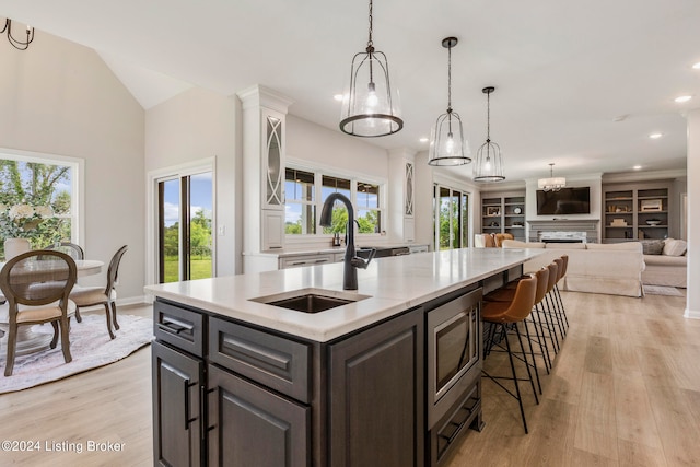 kitchen with a fireplace, plenty of natural light, and light hardwood / wood-style flooring