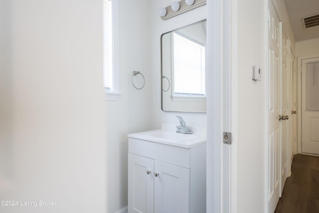 bathroom featuring vanity and hardwood / wood-style floors