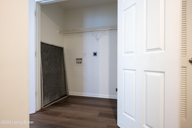 laundry room with washer hookup, electric dryer hookup, and dark wood-type flooring