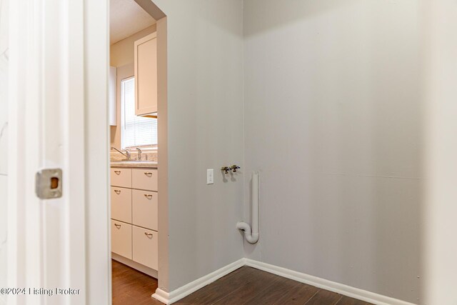 clothes washing area featuring dark wood-type flooring