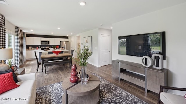 living room with dark hardwood / wood-style floors