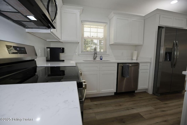 kitchen featuring white cabinetry, appliances with stainless steel finishes, dark hardwood / wood-style floors, and sink