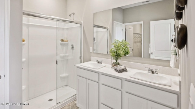 bathroom with walk in shower and vanity