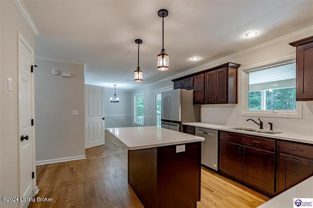 2656 Doe Valley Pkwy, Brandenburg, KY 40108 - kitchen with crown molding, a sink, freestanding refrigerator, dishwasher, and light wood-type flooring