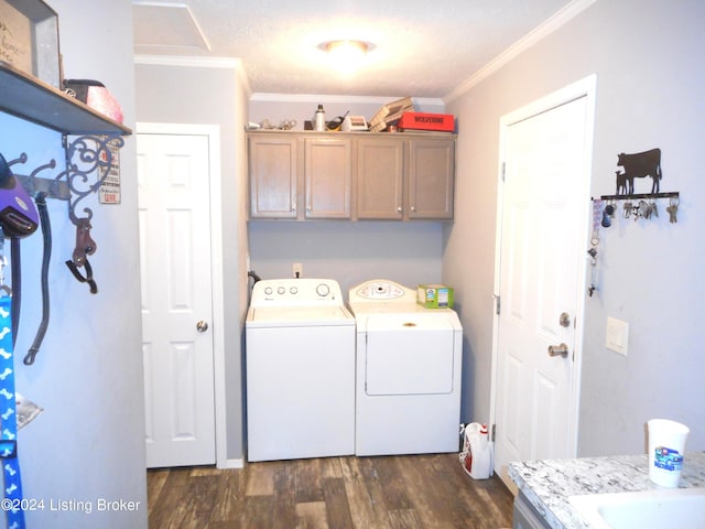 2608 Hickory Ridge Rd, Mount Eden, KY 40046 - laundry room with ornamental molding, cabinet space, dark wood-style floors, and washer and dryer