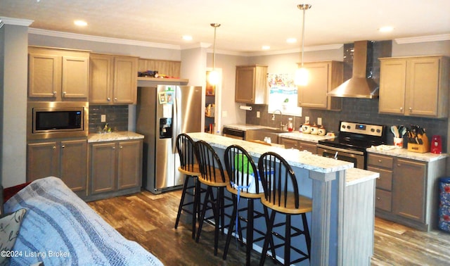 2608 Hickory Ridge Rd, Mount Eden, KY 40046 - kitchen featuring a kitchen bar, stainless steel appliances, a sink, wall chimney range hood, and a center island