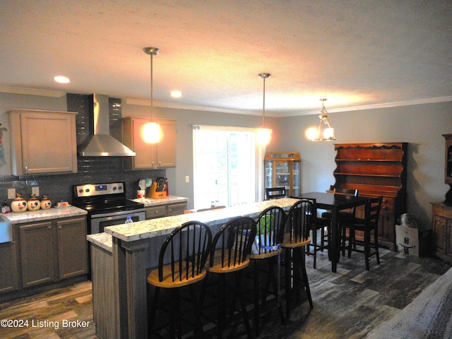 2608 Hickory Ridge Rd, Mount Eden, KY 40046 - kitchen with ornamental molding, wall chimney range hood, stainless steel electric stove, and tasteful backsplash