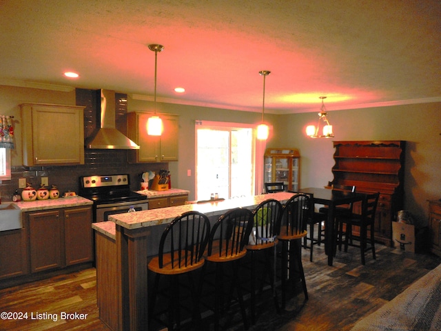 2608 Hickory Ridge Rd, Mount Eden, KY 40046 - kitchen with dark wood finished floors, ornamental molding, wall chimney range hood, and stainless steel electric range