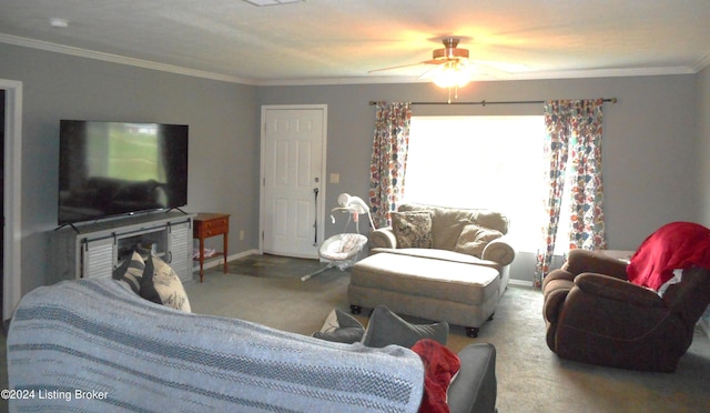 2608 Hickory Ridge Rd, Mount Eden, KY 40046 - living room featuring baseboards, carpet flooring, ceiling fan, and crown molding
