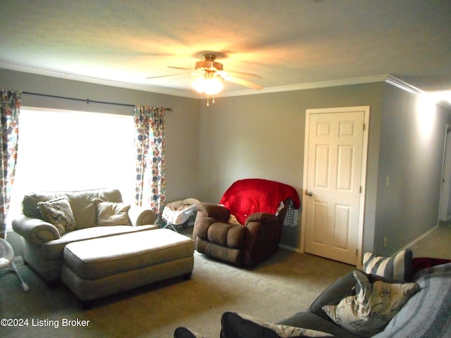 2608 Hickory Ridge Rd, Mount Eden, KY 40046 - carpeted living room with baseboards, ornamental molding, and a ceiling fan