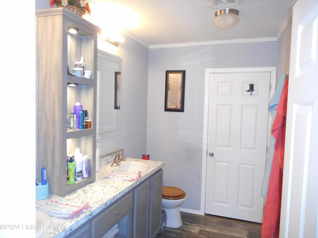 2608 Hickory Ridge Rd, Mount Eden, KY 40046 - bathroom featuring toilet, vanity, ornamental molding, and wood finished floors