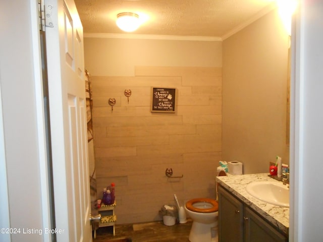 2608 Hickory Ridge Rd, Mount Eden, KY 40046 - bathroom with vanity, crown molding, toilet, and wooden walls