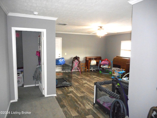 2608 Hickory Ridge Rd, Mount Eden, KY 40046 - rec room with a textured ceiling, visible vents, crown molding, wood finished floors, and a ceiling fan