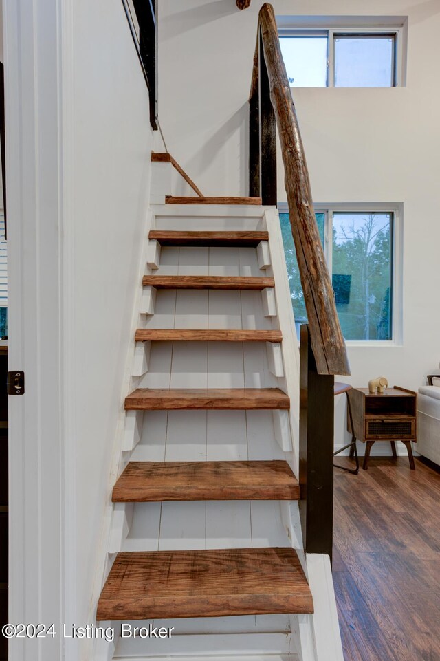 stairway with hardwood / wood-style flooring