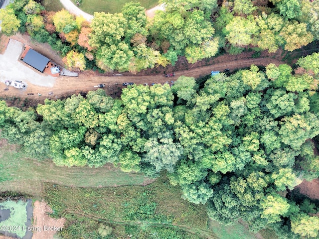 drone / aerial view with a wooded view