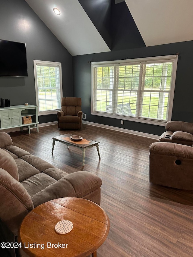 living room with dark hardwood / wood-style flooring and high vaulted ceiling