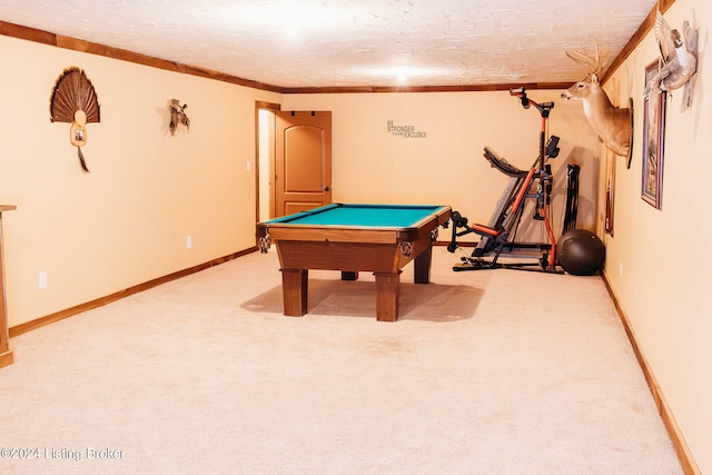 game room with carpet floors, a textured ceiling, and billiards