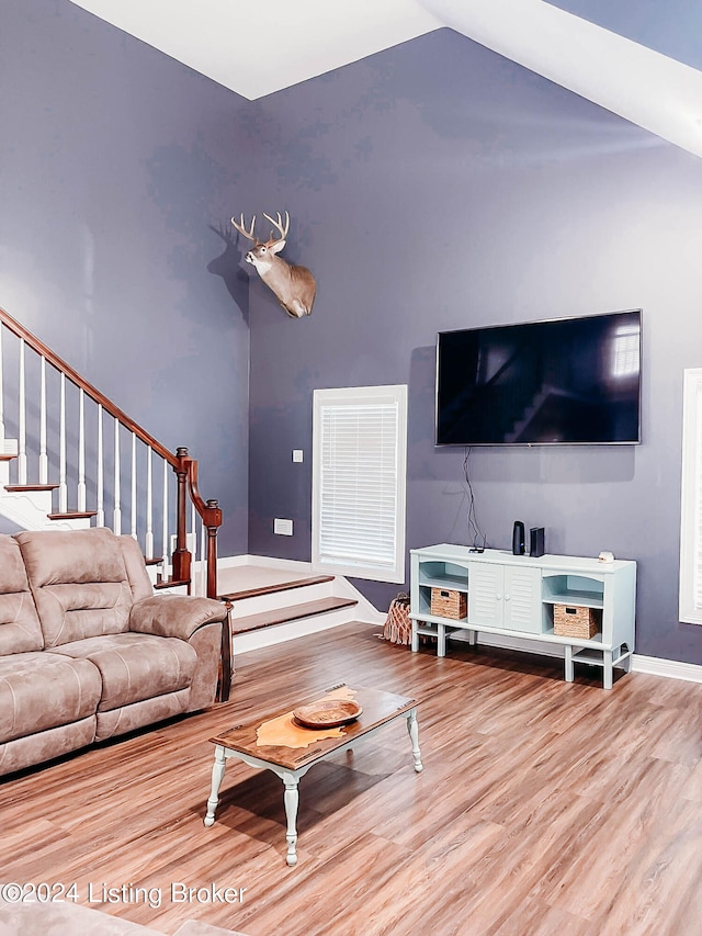 living room featuring lofted ceiling and hardwood / wood-style floors